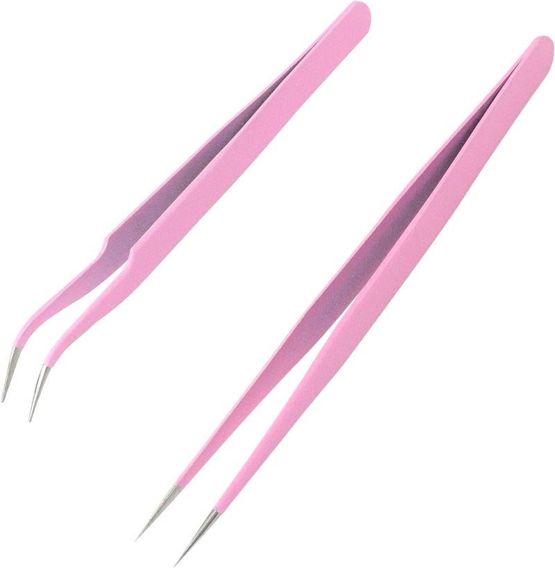 sularpek 2 Pieces Tweezers Pointed, Professional Tweezers Eyelashes, Stainless Steel Tweezers Curved Straight Tweezers, Eyelash Extension Tweezers, Blackhead Remover, Eyebrow Removal Tweezers (Pink) - Image 1