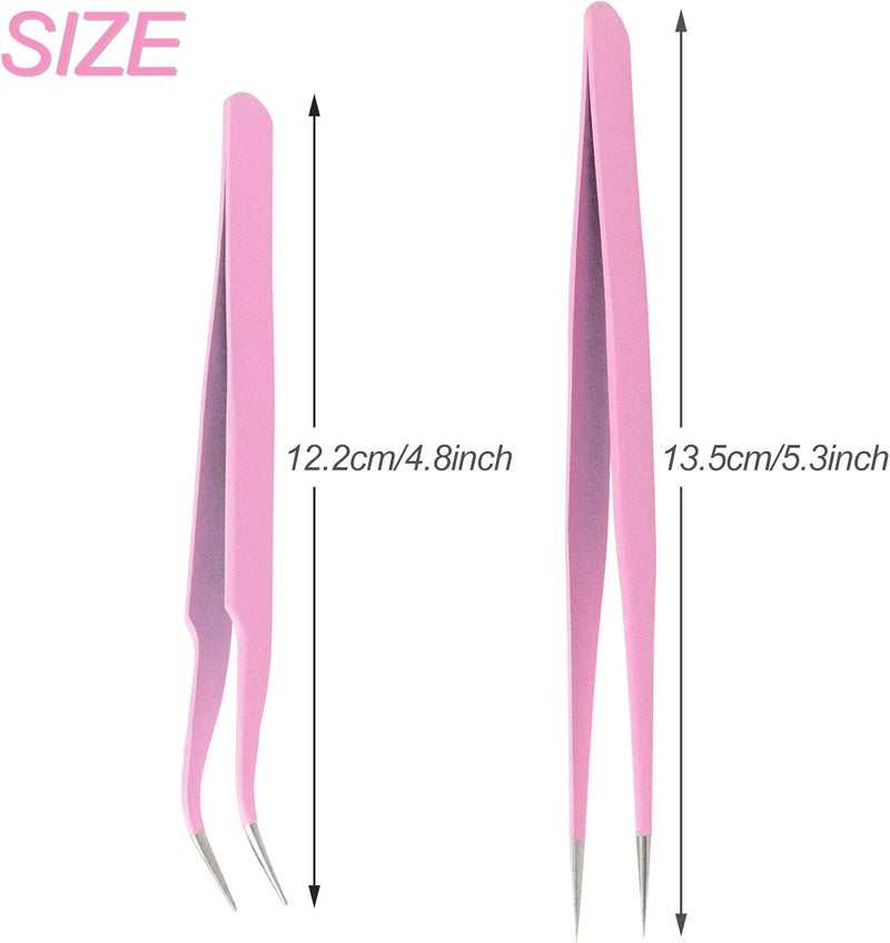 sularpek 2 Pieces Tweezers Pointed, Professional Tweezers Eyelashes, Stainless Steel Tweezers Curved Straight Tweezers, Eyelash Extension Tweezers, Blackhead Remover, Eyebrow Removal Tweezers (Pink) - Image 2