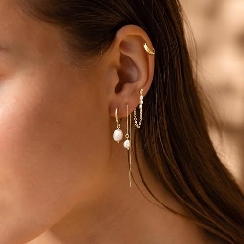 Moodear Gold Earrings for Women Non Tarnish - Trendy Pearl Dangle Drop Huggie Hoop Hypoallergenic Earring Sets for Multiple Piercing Cartilage Jewelry Gifts - Image 2