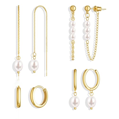 Moodear Gold Earrings for Women Non Tarnish - Trendy Pearl Dangle Drop Huggie Hoop Hypoallergenic Earring Sets for Multiple Piercing Cartilage Jewelry Gifts - Image 1