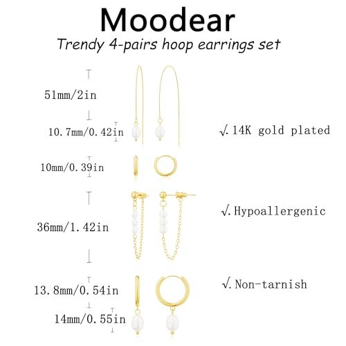 Moodear Gold Earrings for Women Non Tarnish - Trendy Pearl Dangle Drop Huggie Hoop Hypoallergenic Earring Sets for Multiple Piercing Cartilage Jewelry Gifts - Image 5