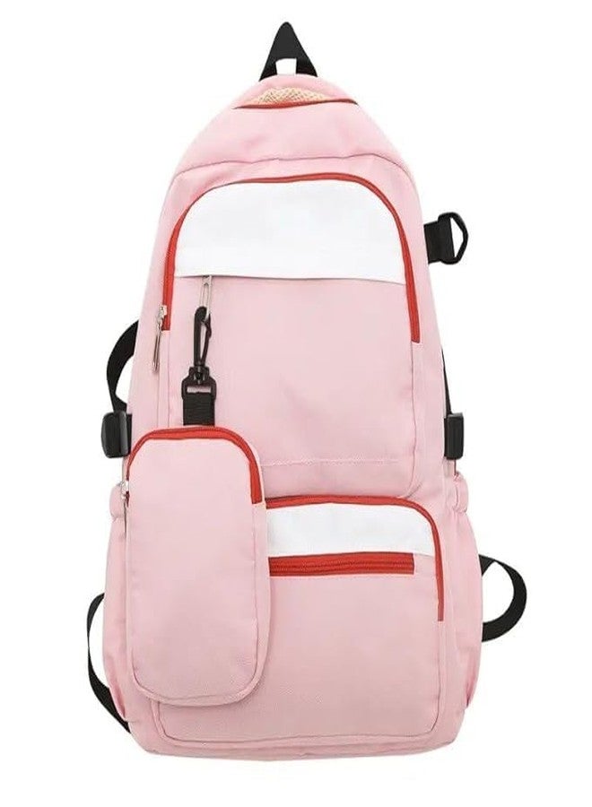 HONGID Pink Backpack with Multiple Pockets, Red Trim, School Travel Casual Daypack - Image 1