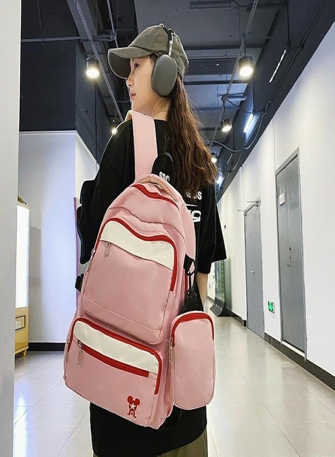 HONGID Pink Backpack with Multiple Pockets, Red Trim, School Travel Casual Daypack - Image 2