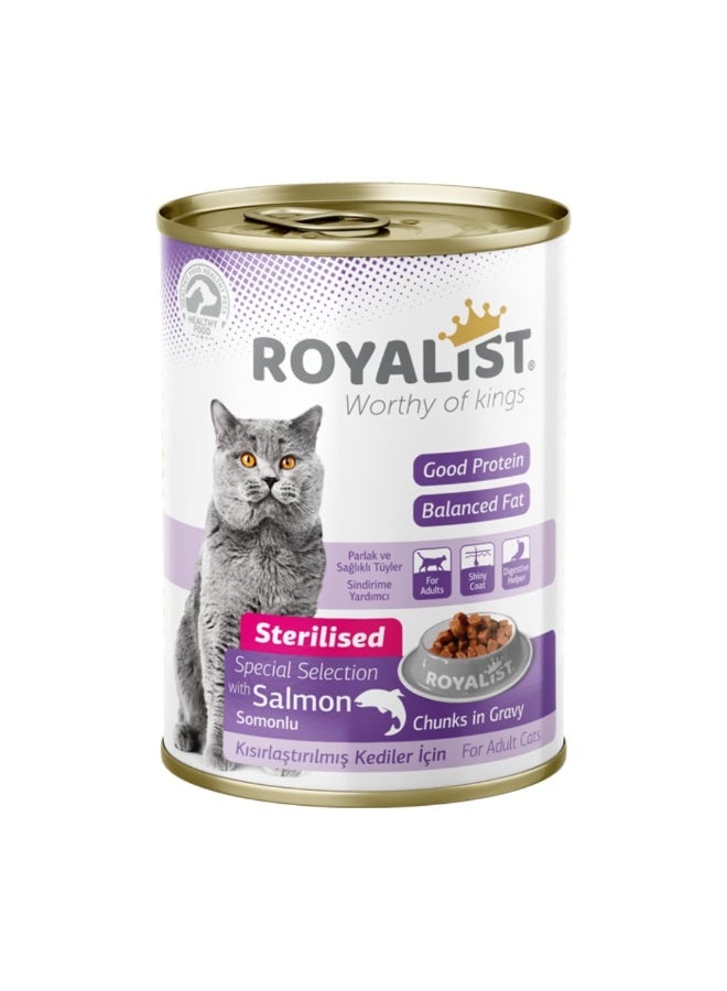 روياليست طعام القطط روياليست المعقم مع قطع السلمون في المرق، 400 غرام، طعام رطب غني بالبروتين للقطط البالغة المعقمة - Image 1