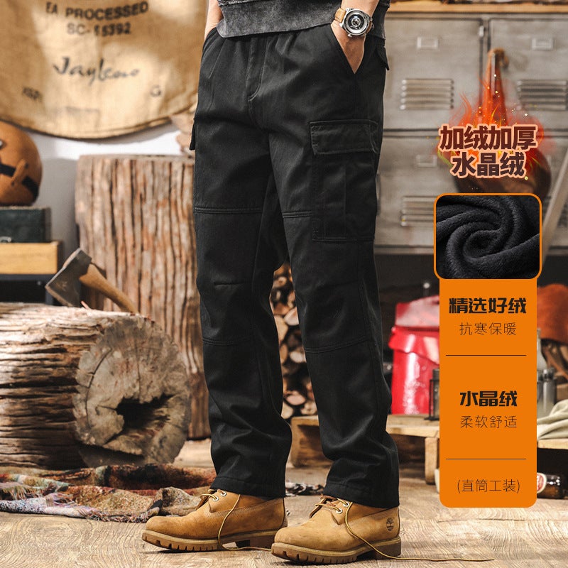 American Retro Heavy Work Pants Mens Autumn and Winter Fashion Brand Loose Straight Tactical Functional fleece-lined Casual Pants Black fleece-lined crystal velvet]