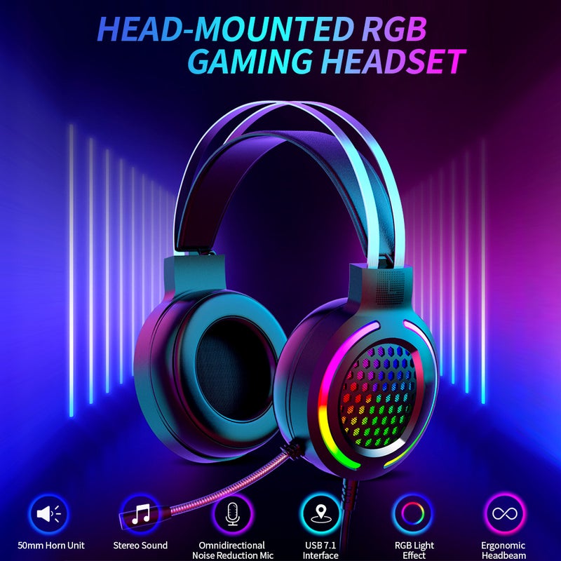 سماعة رأس سلكية USB 7.1 مع ضوء RGB للألعاب مع وحدة مكبر صوت 50 مم وميكروفون لاستبعاد الضوضاء متعدد الاتجاهات (لون أزرق) - Image 2