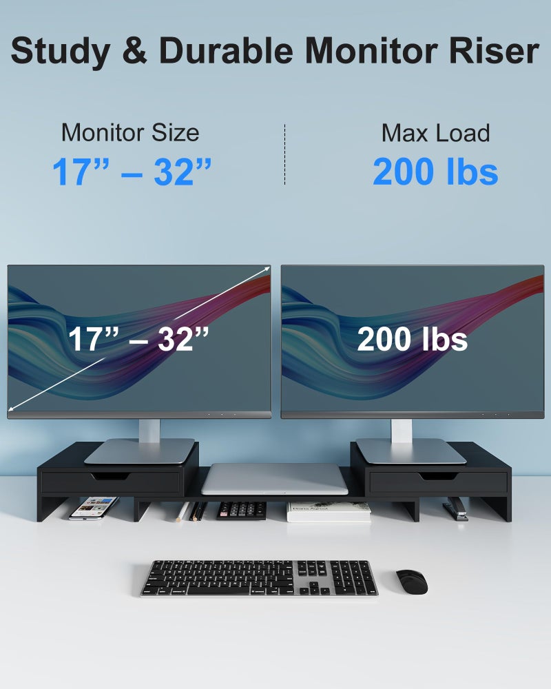 Epesoware Dual Monitor Riser with Two Drawers for Desk, Bamboo Monitor Stand Riser with Storage, Desk Shelf for Computer, IMac & Laptop, No Assembly Required, Black - Image 4