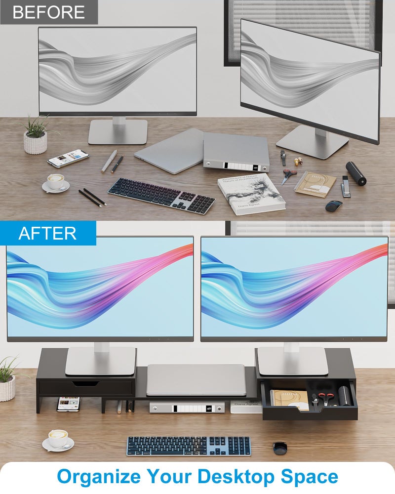Epesoware Dual Monitor Riser with Two Drawers for Desk, Bamboo Monitor Stand Riser with Storage, Desk Shelf for Computer, IMac & Laptop, No Assembly Required, Black - Image 5