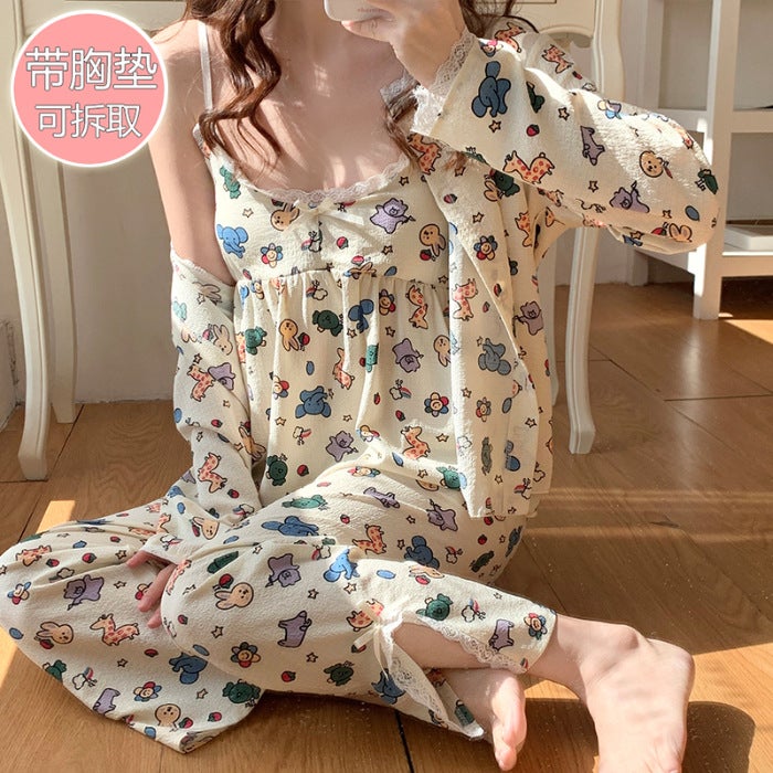 Spring Pajama Set with Padded Top  Cute Cartoon Pants for Women T704 animal#