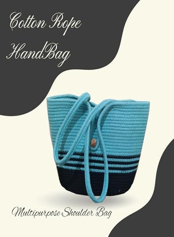FIBREGOLD Handcrafted Cotton Rope Tote Bag for Women | Stylish Two-Tone Aqua & Black Shoulder Bag | Perfect for Shopping, Office, Travel & Daily Use | Lightweight, Durable & Trendy - Image 2