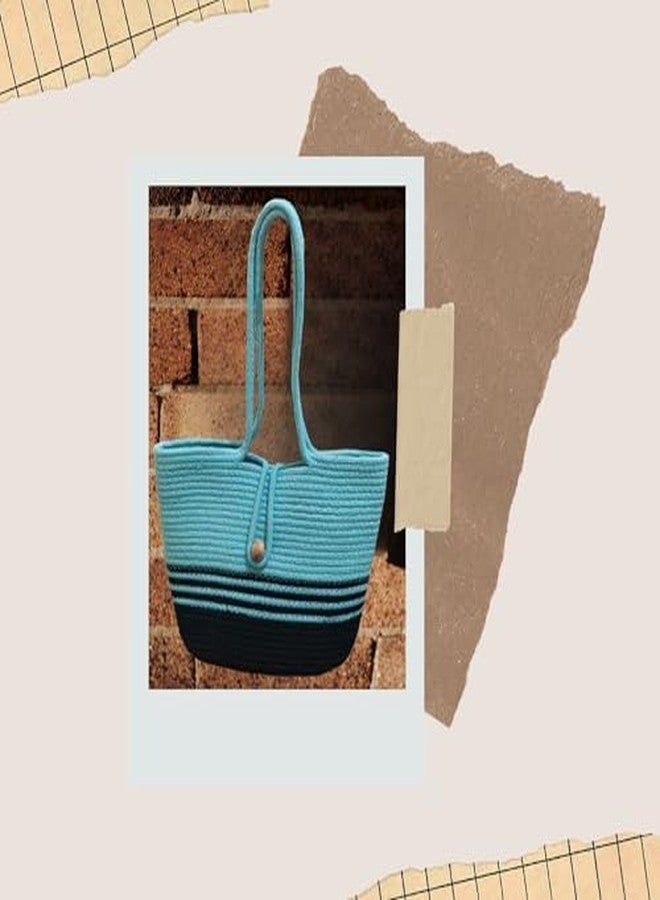 FIBREGOLD Handcrafted Cotton Rope Tote Bag for Women | Stylish Two-Tone Aqua & Black Shoulder Bag | Perfect for Shopping, Office, Travel & Daily Use | Lightweight, Durable & Trendy - Image 5