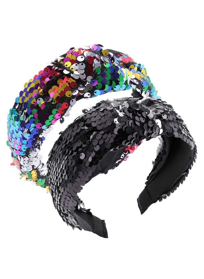 Woeoe - Sparkle Sequins Headbands Black Kontted Wide Haid Band No Slip Twisted Party Hair Hoops Hair Accessories For Women Girls(Pack Of 2) - Image 1