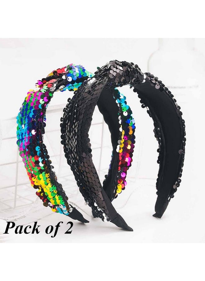 Woeoe - Sparkle Sequins Headbands Black Kontted Wide Haid Band No Slip Twisted Party Hair Hoops Hair Accessories For Women Girls(Pack Of 2) - Image 1