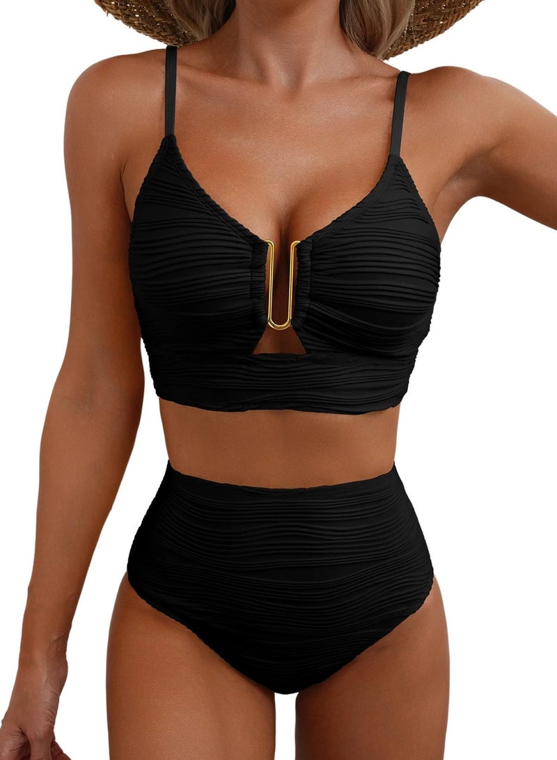 Herseas Women's Textured Bikini Set V Neck High Cut Bathing Suits Ribbed Sexy 2026 Beach Vacation Clothes Flattering Swim Suits Charming Cruise Essentials Black Medium - Image 1