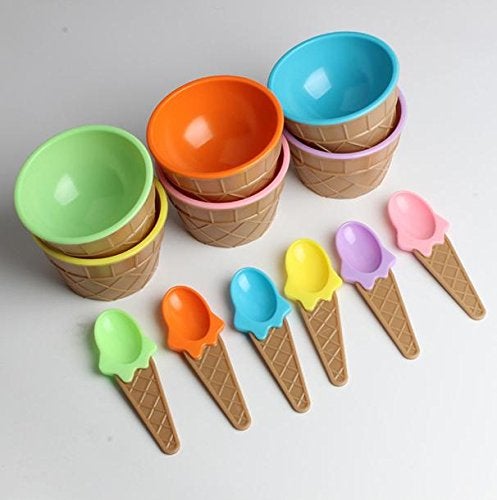 Skyzone 6 pcs Ice Cream Bowl Plastic Solid Colour Cream Cup Couple Bowl with Spoon. - Image 2