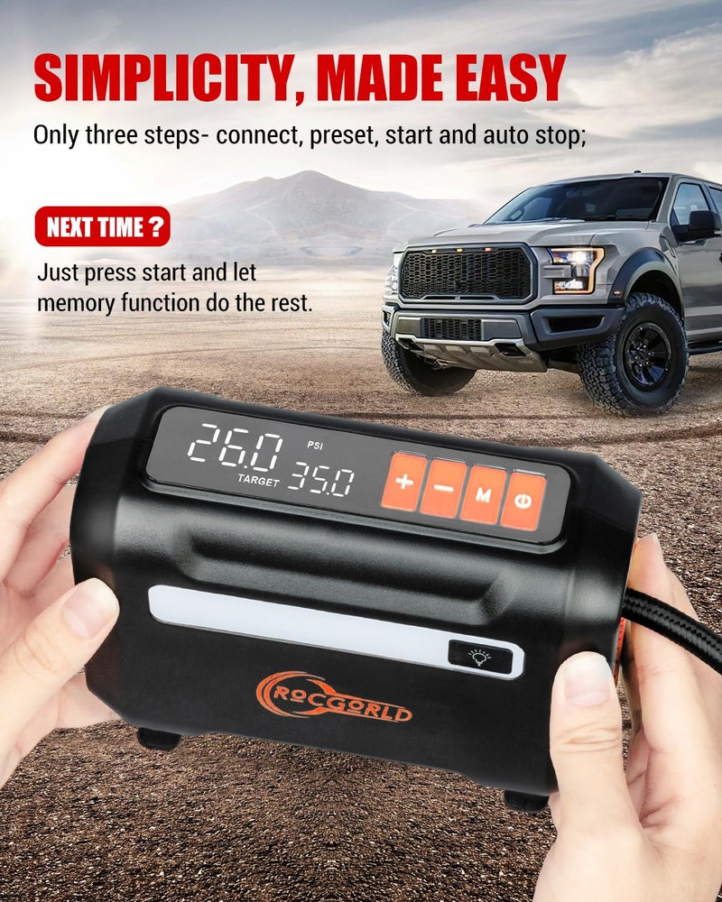 ROCGORLD R8 Tire Inflator Portable Air Compressor, DC 12V Air Compressor for Car with Large Dual Digital Screen, 3X Faster Inflation Air Pump for Car Tires, Bike, Ball, Motor - Car Accessories - Image 4