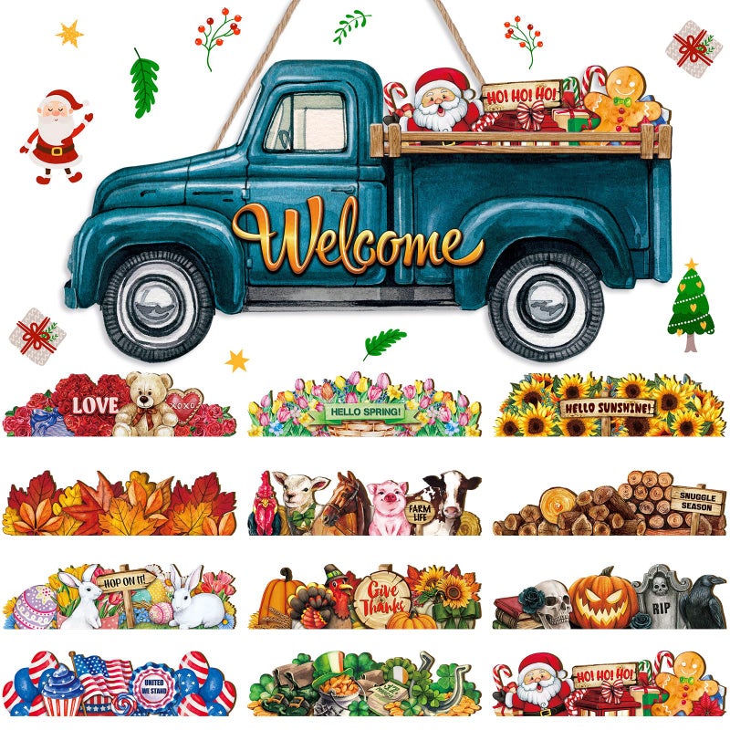 Ferraycle Interchangeable Welcome Sign Truck Decor Seasonal Door Signs with 12 Holiday Icons Rustic Farmhouse Interchangeable Holiday Decor for Fall Halloween Christmas All SeasonsBlue