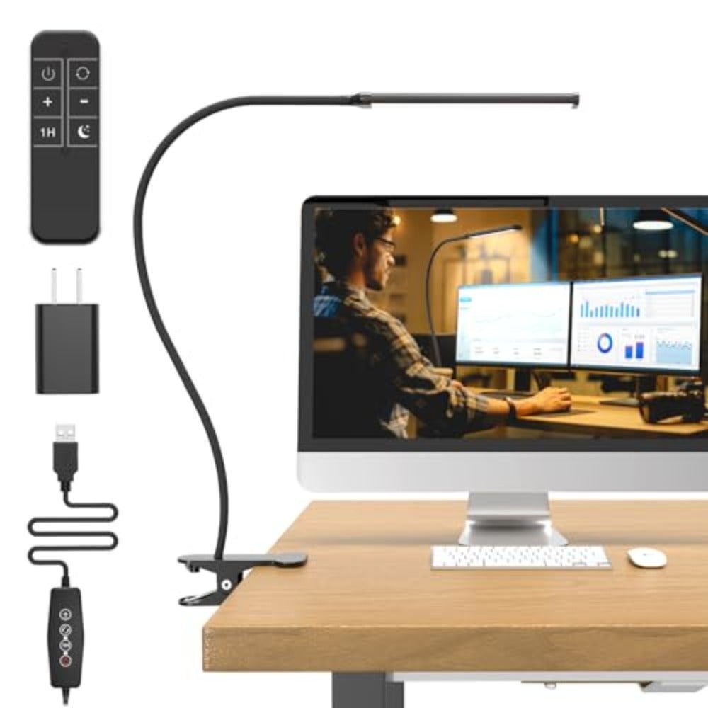 Desk Lamp with Remote, 3 Color and 5 Brightness and 77LED Dimmable Reading Light, 70CM Flexible Gooseneck, Eye-Caring Clip on Light with Adapter for Reading Study Workbench Drafting