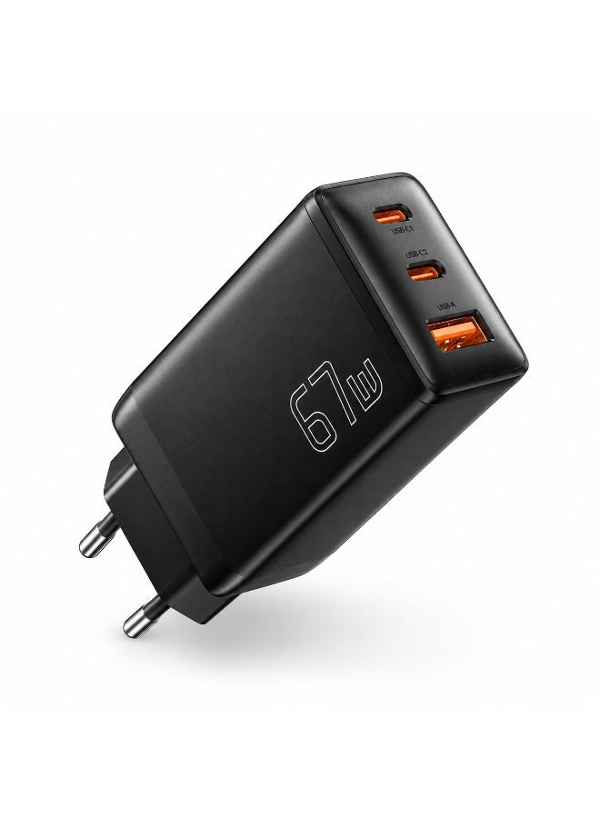 ESSAGER G671A2CU 67W GaN Fast Charger with 3 Ports USB-C PD and USB-A Quick Charging Adapter, 2C1A Multi Device Power Adapter with QC4.0 QC3.0 PPS Support for Laptop, MacBook, iPhone 15 14 13, Samsung Galaxy, Huawei, Xiaomi, Tablets and USB Devices – Black - Image 1