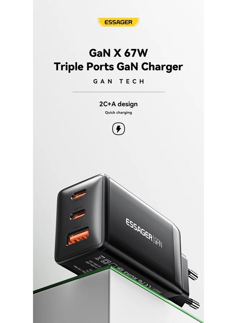 ESSAGER G671A2CU 67W GaN Fast Charger with 3 Ports USB-C PD and USB-A Quick Charging Adapter, 2C1A Multi Device Power Adapter with QC4.0 QC3.0 PPS Support for Laptop, MacBook, iPhone 15 14 13, Samsung Galaxy, Huawei, Xiaomi, Tablets and USB Devices – Black - Image 3