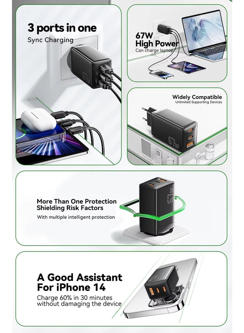 ESSAGER G671A2CU 67W GaN Fast Charger with 3 Ports USB-C PD and USB-A Quick Charging Adapter, 2C1A Multi Device Power Adapter with QC4.0 QC3.0 PPS Support for Laptop, MacBook, iPhone 15 14 13, Samsung Galaxy, Huawei, Xiaomi, Tablets and USB Devices – Black - Image 2