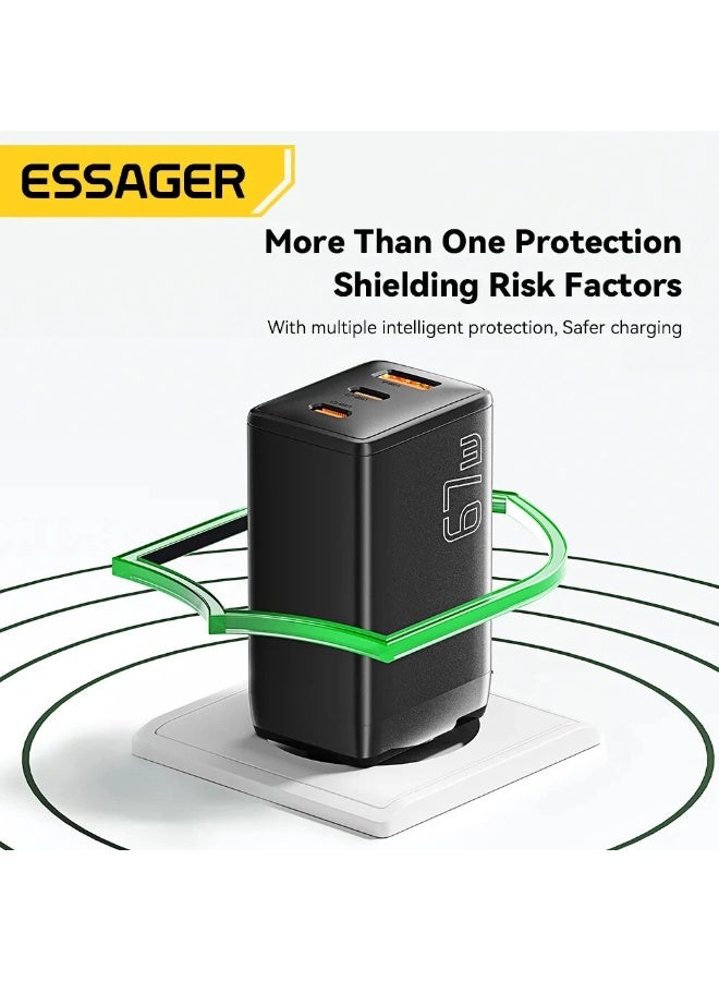 ESSAGER G671A2CU 67W GaN Fast Charger with 3 Ports USB-C PD and USB-A Quick Charging Adapter, 2C1A Multi Device Power Adapter with QC4.0 QC3.0 PPS Support for Laptop, MacBook, iPhone 15 14 13, Samsung Galaxy, Huawei, Xiaomi, Tablets and USB Devices – Black - Image 5