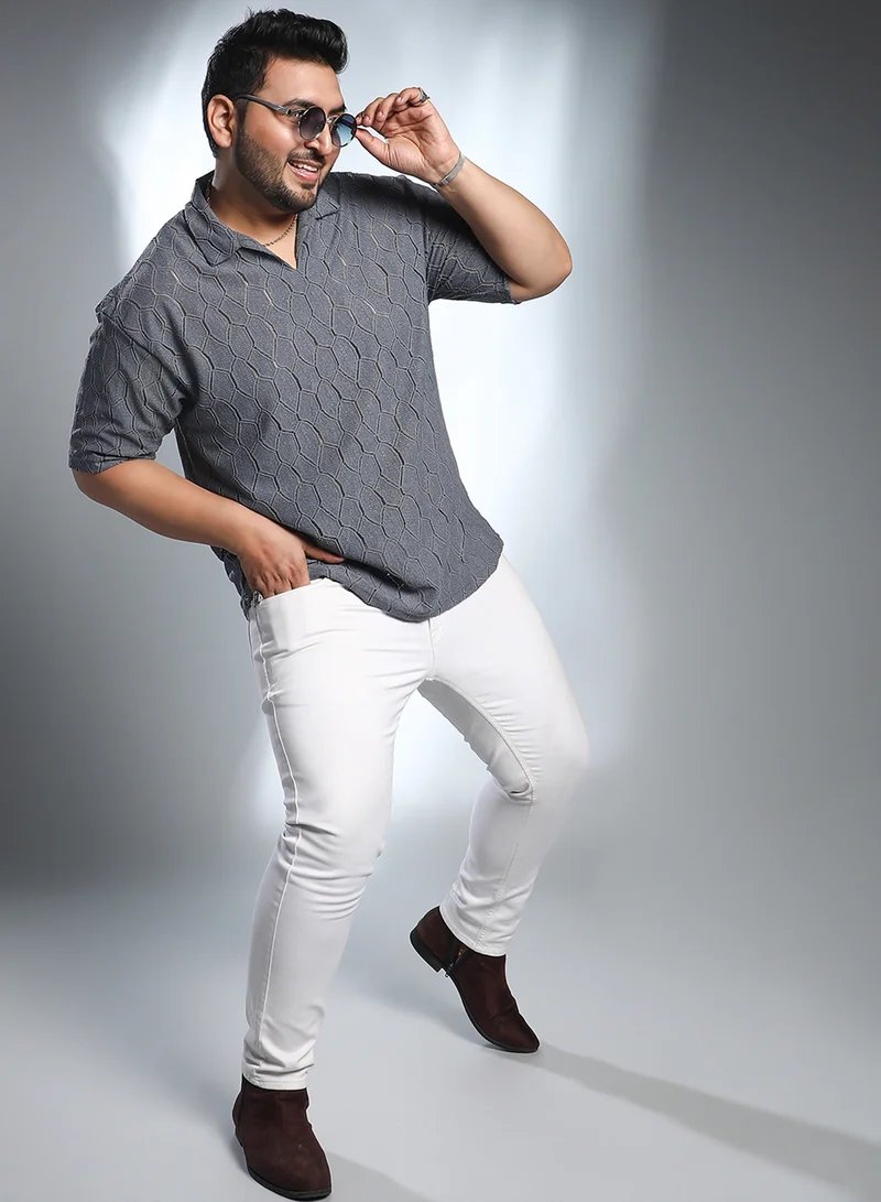 Instafab Plus Instafab Plus Men's Coin Grey Honeycomb-Knit Polo T-Shirt For Casual Wear | Polo Neck | Short Regular Sleeves | Pull On Closure | Plus Size T-Shirt Crafted With Comfort Fit For Everyday Wear