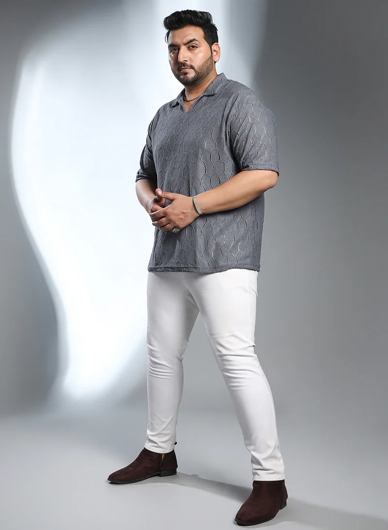Instafab Plus Instafab Plus Men's Coin Grey Honeycomb-Knit Polo T-Shirt For Casual Wear | Polo Neck | Short Regular Sleeves | Pull On Closure | Plus Size T-Shirt Crafted With Comfort Fit For Everyday Wear