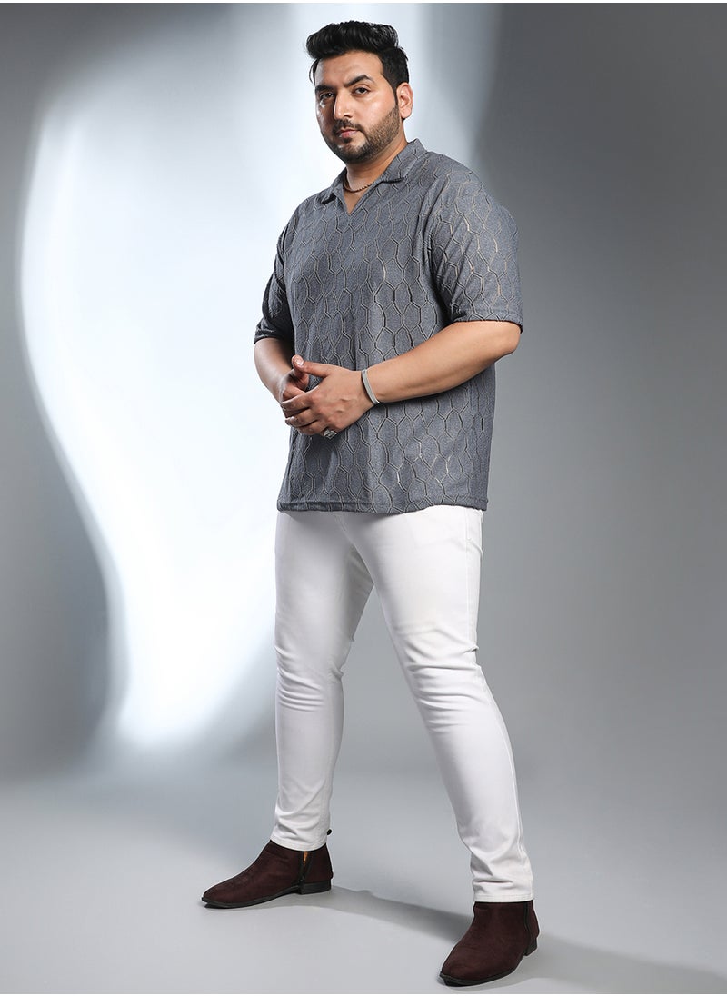 Instafab Plus Instafab Plus Men's Coin Grey Honeycomb-Knit Polo T-Shirt For Casual Wear | Polo Neck | Short Regular Sleeves | Pull On Closure | Plus Size T-Shirt Crafted With Comfort Fit For Everyday Wear  - Image 5
