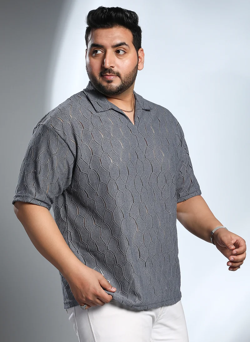 Instafab Plus Instafab Plus Men's Coin Grey Honeycomb-Knit Polo T-Shirt For Casual Wear | Polo Neck | Short Regular Sleeves | Pull On Closure | Plus Size T-Shirt Crafted With Comfort Fit For Everyday Wear