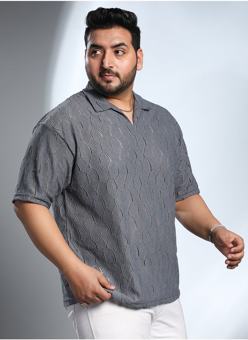 Instafab Plus Instafab Plus Men's Coin Grey Honeycomb-Knit Polo T-Shirt For Casual Wear | Polo Neck | Short Regular Sleeves | Pull On Closure | Plus Size T-Shirt Crafted With Comfort Fit For Everyday Wear  - Image 3