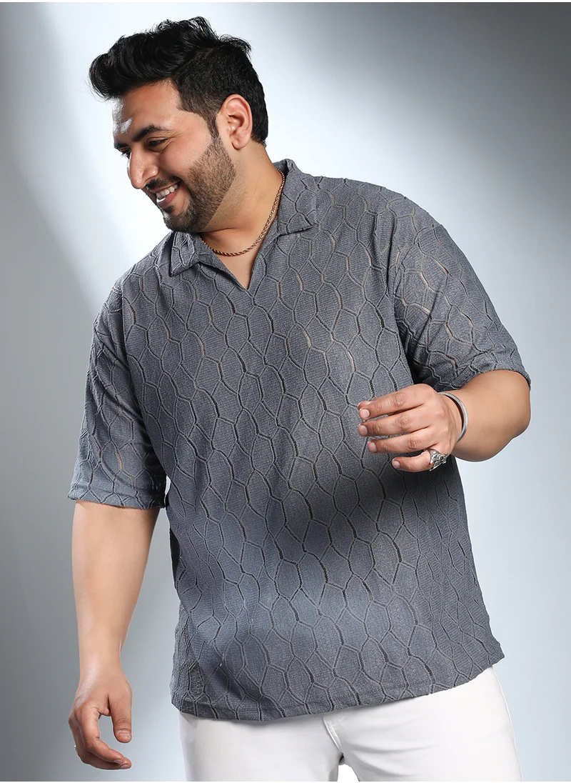 انستافاب بلس Instafab Plus Men's Coin Grey Honeycomb-Knit Polo T-Shirt For Casual Wear | Polo Neck | Short Regular Sleeves | Pull On Closure | Plus Size T-Shirt Crafted With Comfort Fit For Everyday Wear