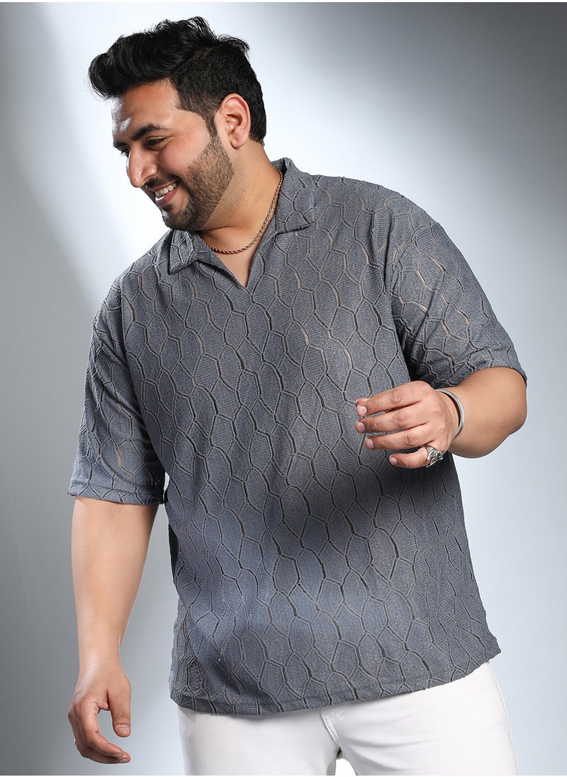 Instafab Plus Instafab Plus Men's Coin Grey Honeycomb-Knit Polo T-Shirt For Casual Wear | Polo Neck | Short Regular Sleeves | Pull On Closure | Plus Size T-Shirt Crafted With Comfort Fit For Everyday Wear  - Image 2