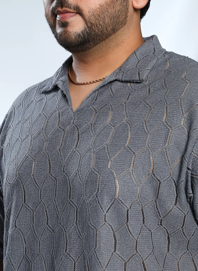 Instafab Plus Instafab Plus Men's Coin Grey Honeycomb-Knit Polo T-Shirt For Casual Wear | Polo Neck | Short Regular Sleeves | Pull On Closure | Plus Size T-Shirt Crafted With Comfort Fit For Everyday Wear