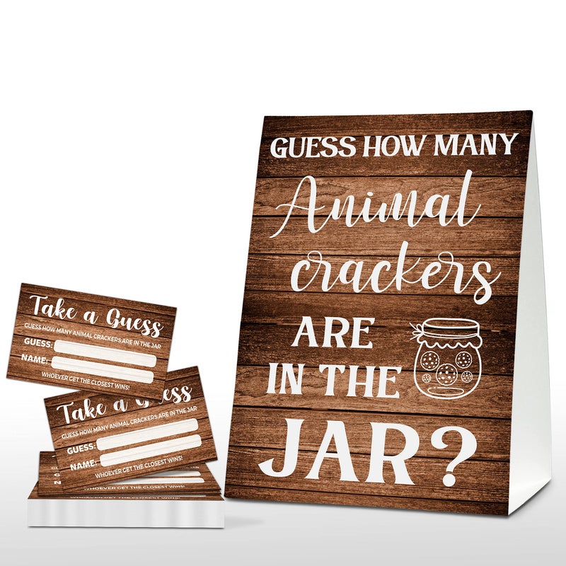 Rustic Baby Shower Game Find How Many Animal Crackers are in The Jar Rustic Wood Barrel Mason Jar Shower Game Sign Gender Neutral Baby Arrival Decorations Activities 1 Sign50 Cards  A06