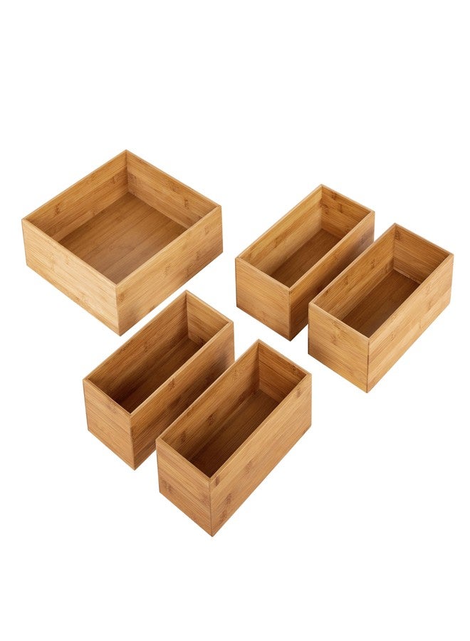 Seville Classics Bamboo Wood Storage Bins Organizer Boxes for Kitchen Counter, Pantry, Closet, Office Bedroom, Makeup, Bathroom, Nursery, K Cup, 5 Piece 3-Size (1 XL, 2L, 2M) Shelf Bin Set, Bamboo - Image 2