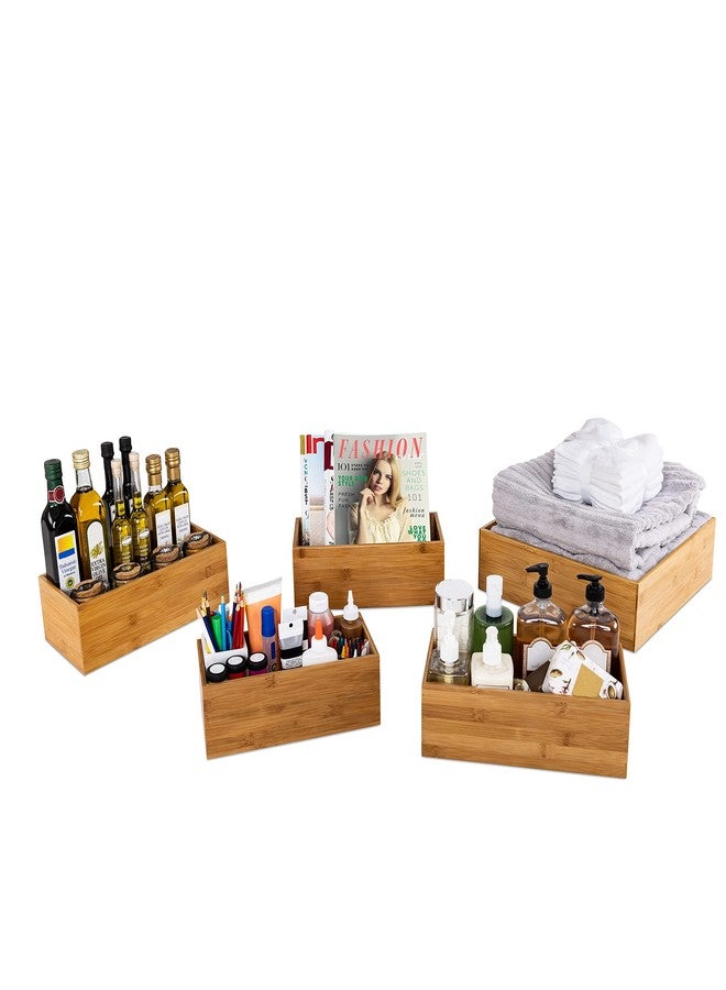 Seville Classics Bamboo Wood Storage Bins Organizer Boxes for Kitchen Counter, Pantry, Closet, Office Bedroom, Makeup, Bathroom, Nursery, K Cup, 5 Piece 3-Size (1 XL, 2L, 2M) Shelf Bin Set, Bamboo - Image 1