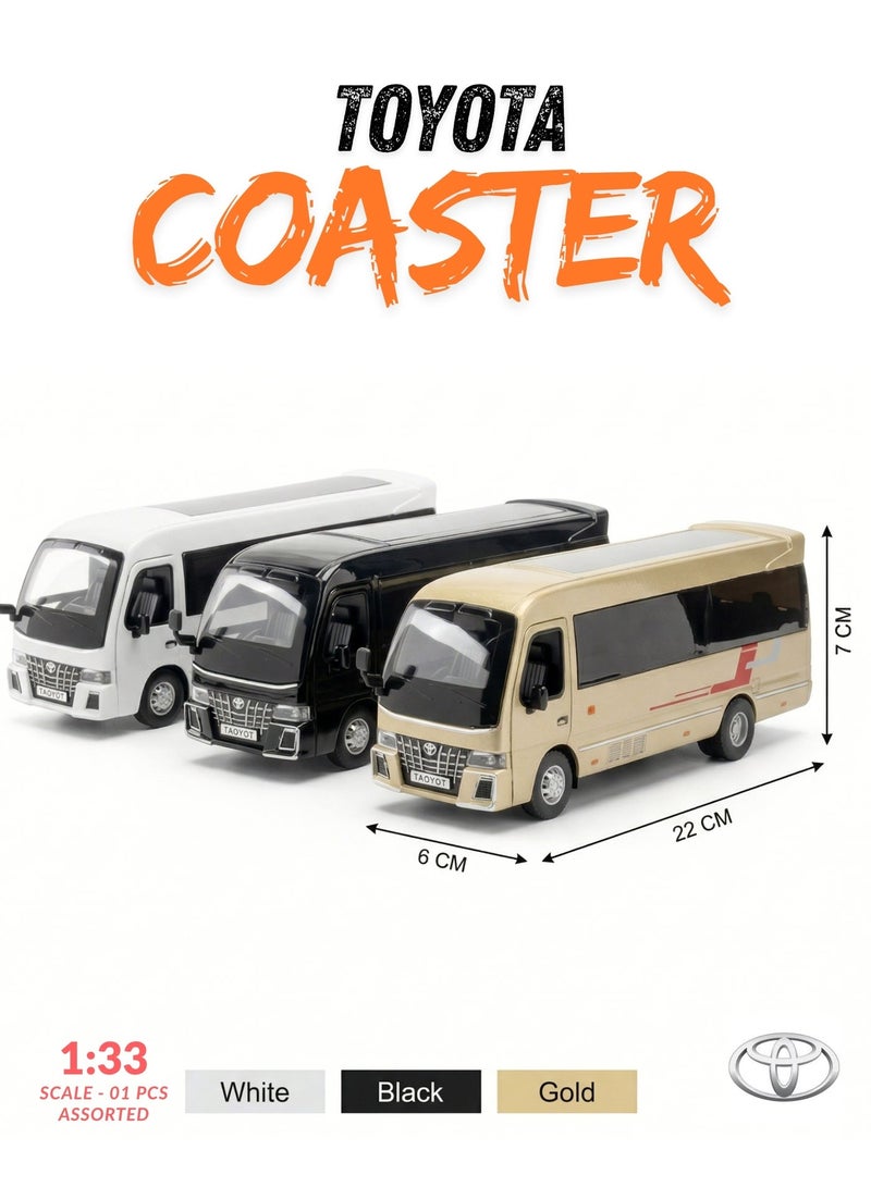 TOYOTA Premium Diecast Toyota Coaster Bus Model 1:33 Scale 01 Pcs Assorted – Heavy Metal Passenger Coach Toy with Sound, Lights, Openable Doors & Pull-Back Action – 22cm Collectible Vehicle Gift for Kids & Adults - Image 1