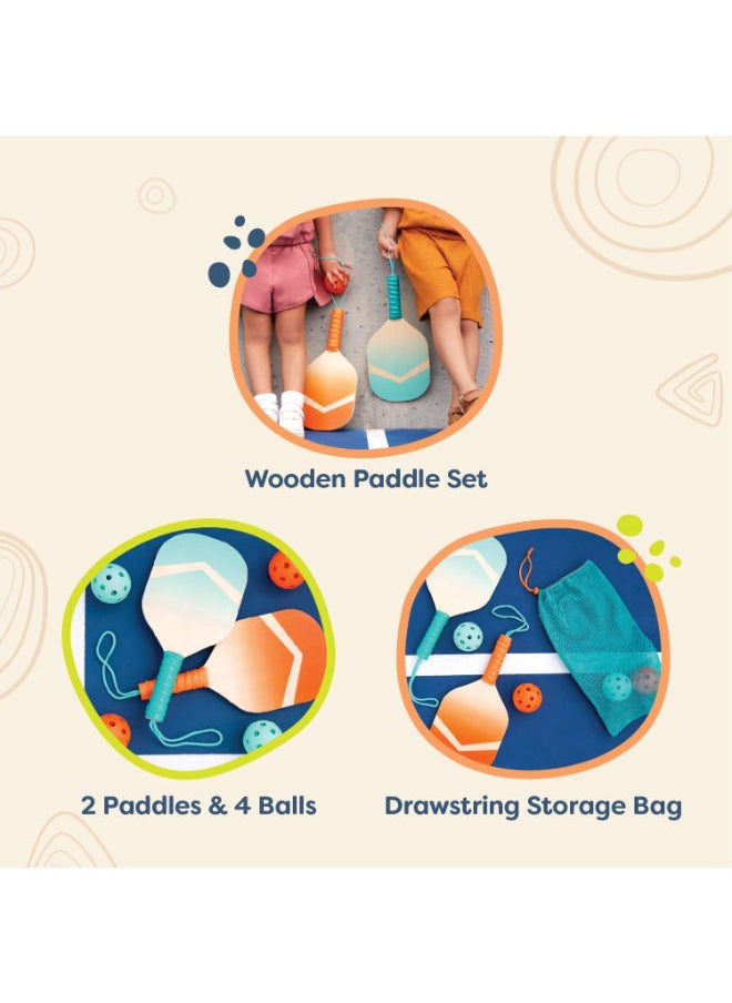 B. Toys - Kids Pickleball Game – Wooden Paddle Set – 2 Paddles & 4 Balls – Drawstring Storage Bag - Image 1