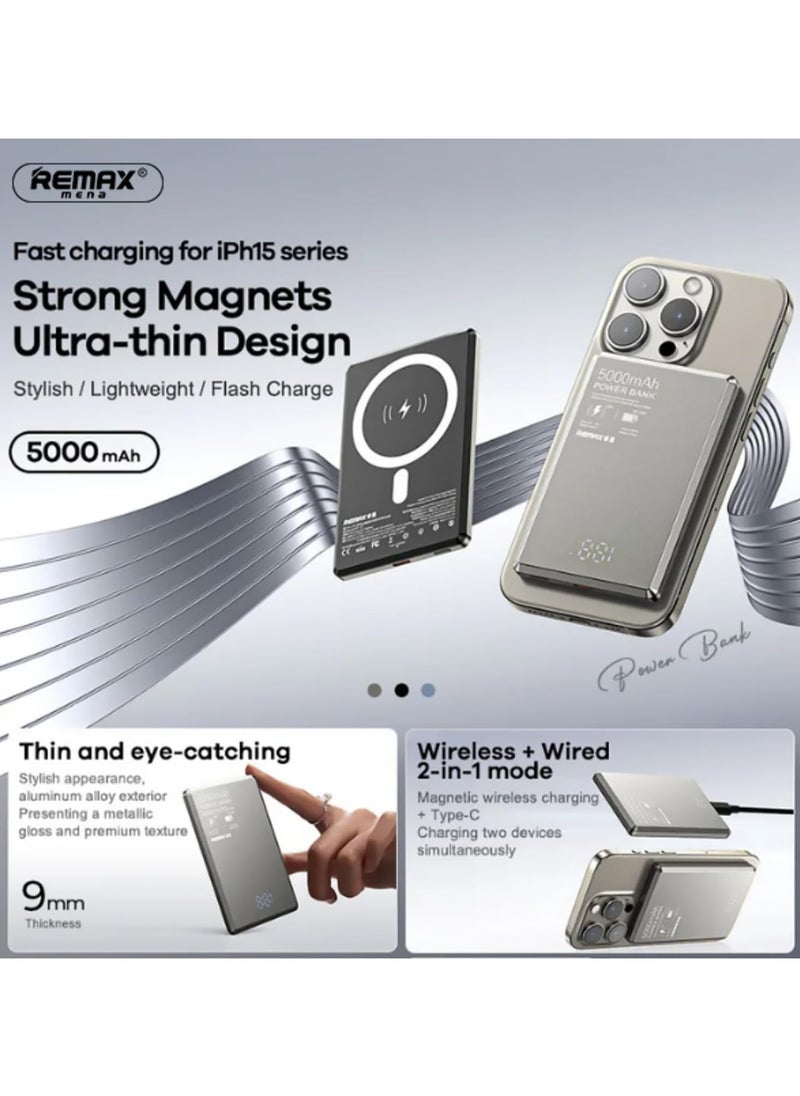Remax Mena - Thin Card Pro 20W Digital Display Metal Magnetic Wireless Fast Charging Power Bank 5000mAh Phantom Black - Image 1