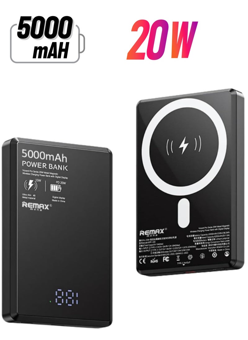 Remax Mena - Thin Card Pro 20W Digital Display Metal Magnetic Wireless Fast Charging Power Bank 5000mAh Phantom Black - Image 1