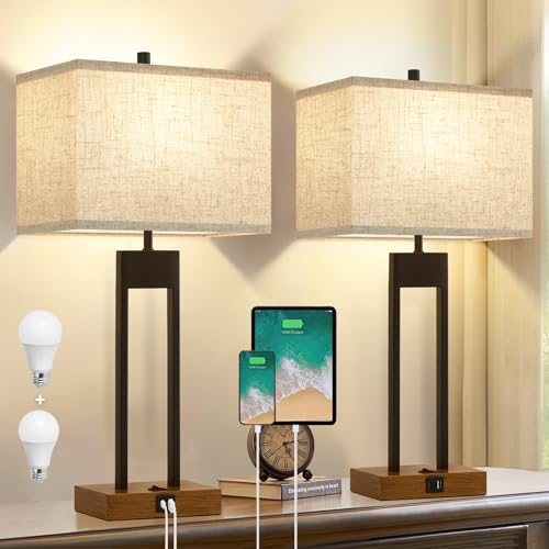 GyroVu Extra Large 25.5'' Set of 2 Modern Bedroom Table Lamps with USB C+A Ports, Color Changeable, Brown Night Stand Lamps for Bedside, Guest Room, Office, Reading - Image 1
