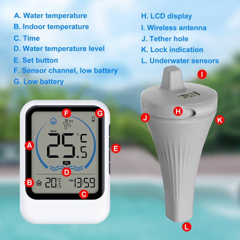 Wireless Pool Thermometer: White, -40℃ To 70℃ Range, 30-Second Updates, Remote Monitoring Temperature Sensor - 12/24-Hour Format, ℃/℉ Switchable for Swimming Pools, Fish Tanks, Bathtubs - Image 3