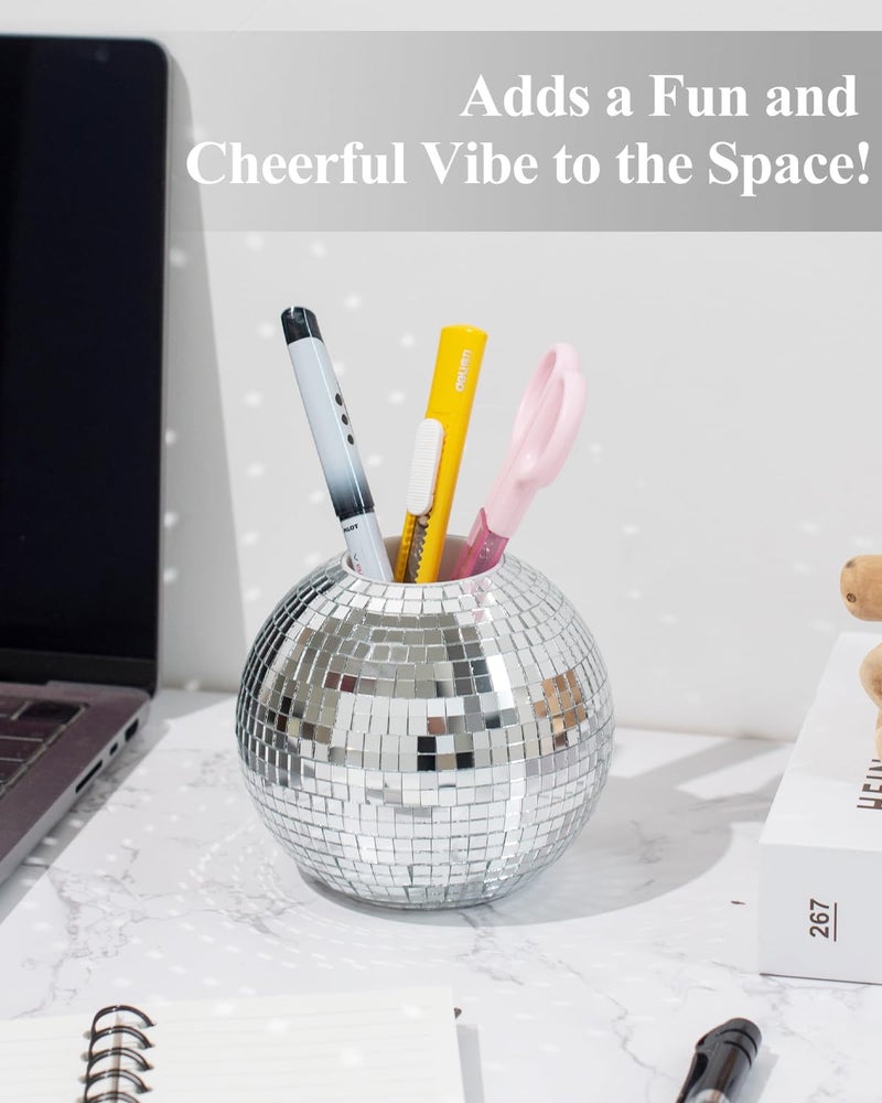 RGBDOT Disco Ball Pencil Holder for Desk - Pen & Makeup Brush Organizer with Silver Sequins, Disco Accessories Decor for Office, Home, or Bedroom - 4 in - Image 3