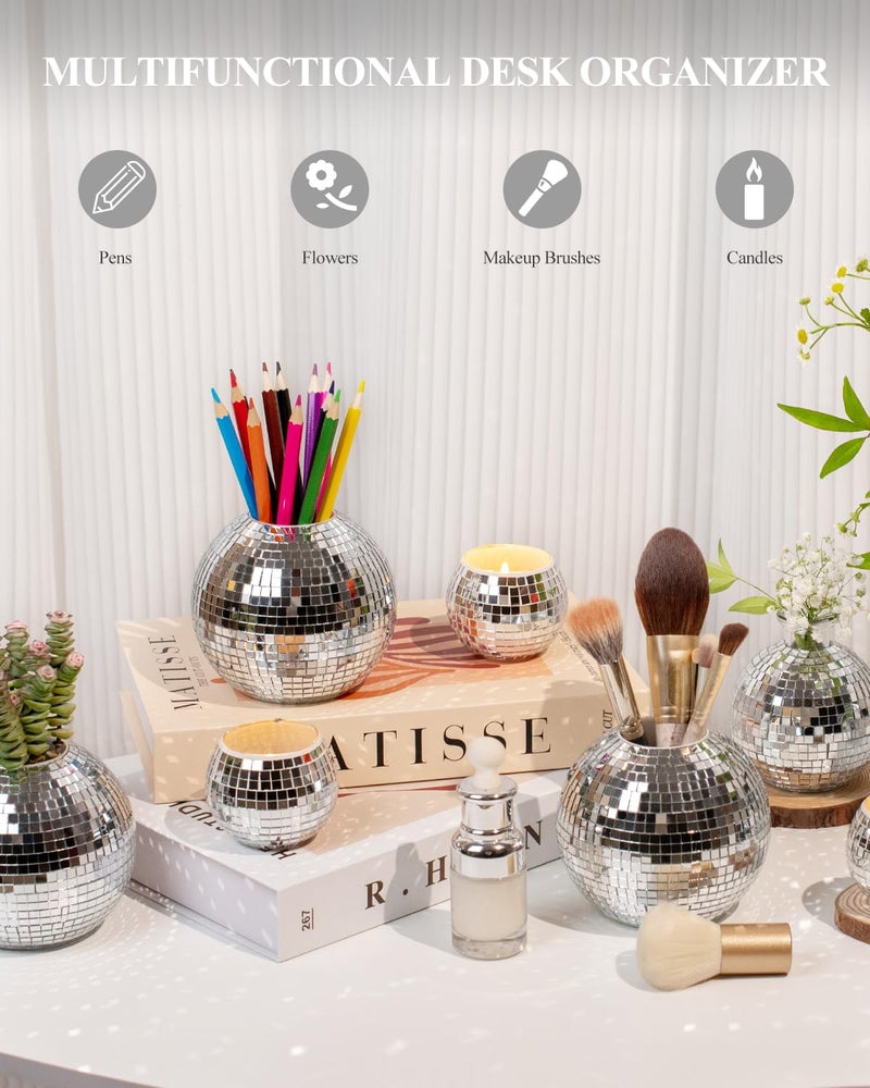 RGBDOT Disco Ball Pencil Holder for Desk - Pen & Makeup Brush Organizer with Silver Sequins, Disco Accessories Decor for Office, Home, or Bedroom - 4 in - Image 5