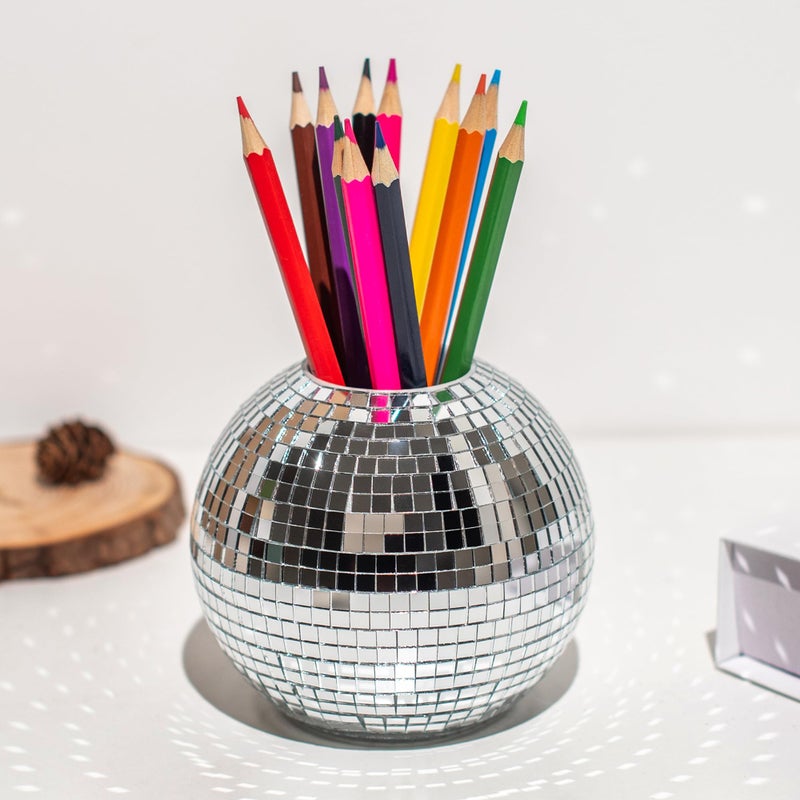 RGBDOT Disco Ball Pencil Holder for Desk - Pen & Makeup Brush Organizer with Silver Sequins, Disco Accessories Decor for Office, Home, or Bedroom - 4 in - Image 1