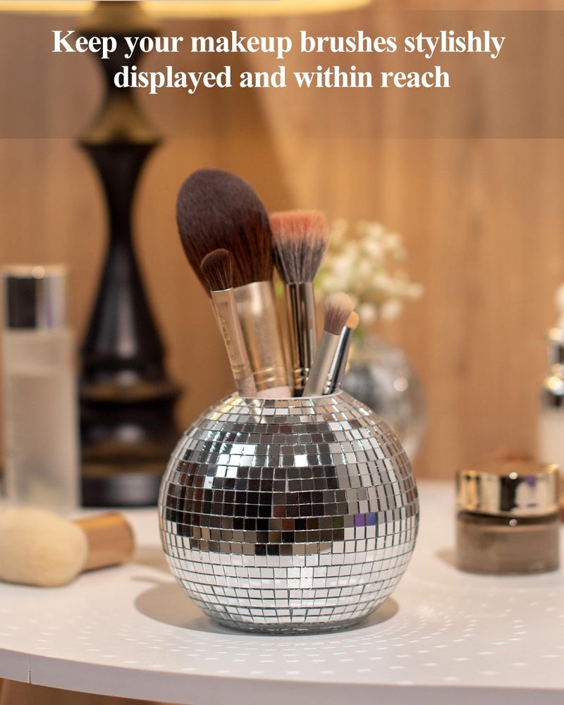 RGBDOT Disco Ball Pencil Holder for Desk - Pen & Makeup Brush Organizer with Silver Sequins, Disco Accessories Decor for Office, Home, or Bedroom - 4 in - Image 4