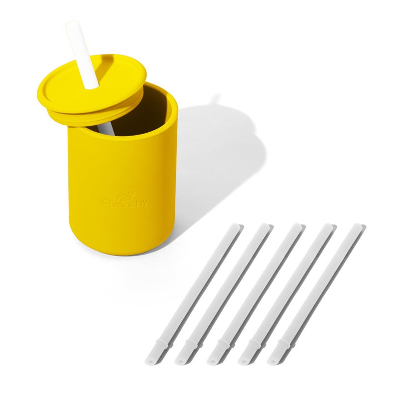Avanchy Silicone Training Sippy Cup with Straw Lid â€“ For Babies 6+ Months to Toddlers 1 Year Old â€“ 8 oz Infant Water Cup for Baby Led Weaning, Yellow + 5 Reusable Straws - Image 1