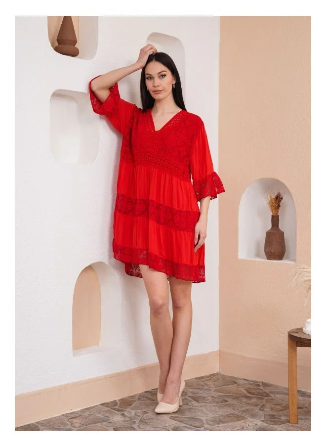 Hoxton Gal Lace Detail V-Neck Mini Dress with 3/4 Sleeves in Red