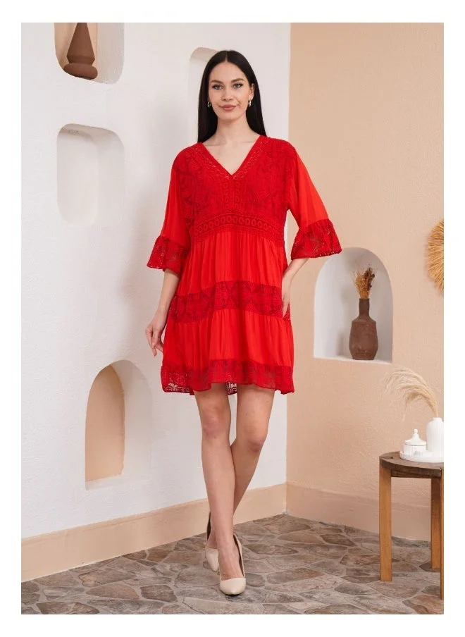 Hoxton Gal Lace Detail V-Neck Mini Dress with 3/4 Sleeves in Red